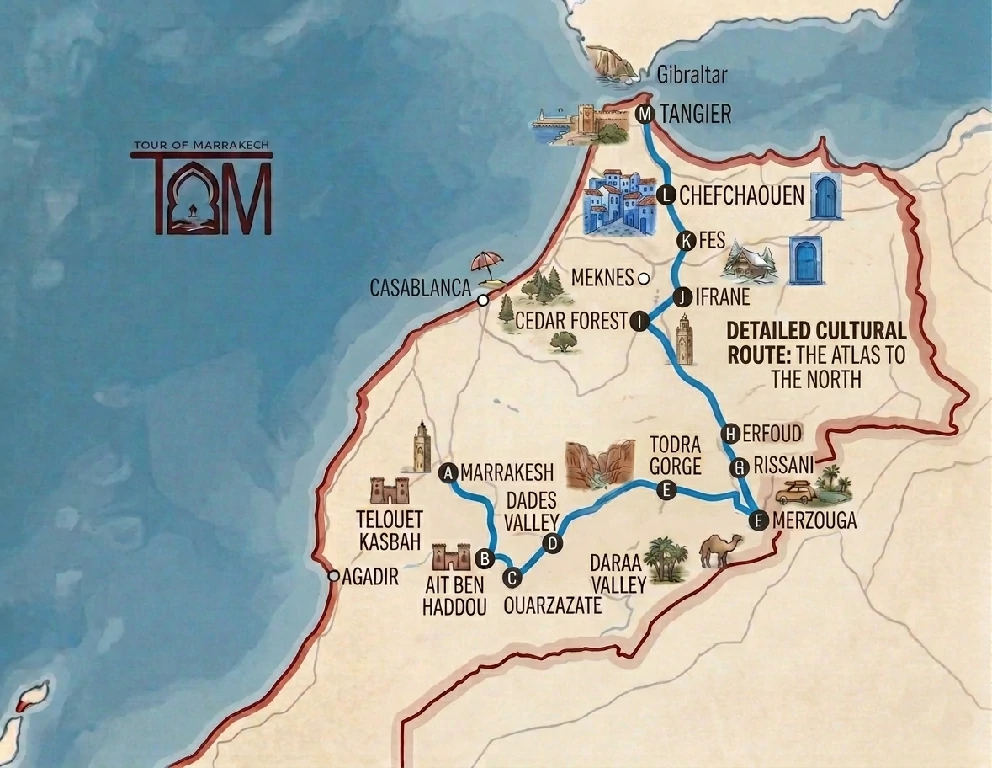 Map of 8 days tour from marrakech Map of 8 days tour from marrakech