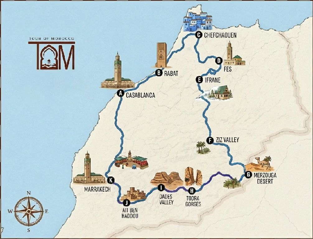 map 8 days tour from casablanca